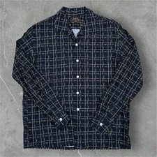 Beams Plus Long Sleeve Button Up Camp Collar Rayon Blend Shirt Abstract Grid