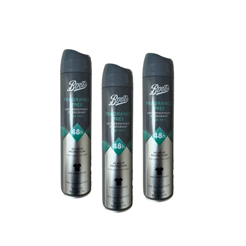 Men’s Anti Perspirant Deodorant Spray Fragrance Free Boots 3x250ml Alcohol  Free