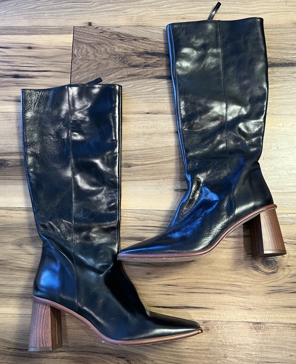 Alohas Black Leather Knee High Boots Wood Block Heel Square Toe EU 41 Spain