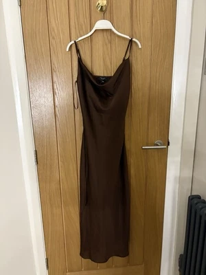 New Look Petite Brown Satin Look Cowl Neck Slip Midi Dress UK 4 - Image 1 of 2