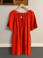 Old Navy 100% Cotton Gauze Mini Dress Orange Tie Neck Pockets NWT