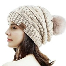 Gorro De Invierno Holgado Con Pomp n Forrado Ideal Para Esquiar Color Marfil