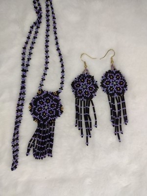 Purple and Black Hand-beaded Jewelry Set with Necklace and Long Earrings New