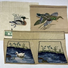 Vintage Needlepoint Unfinished Backgrounds SET OF 3 Birds Ducks Handmade