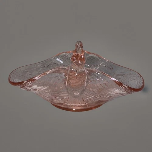 Vintage Pink Depression Glass Dove Bird Handled Candy Dish Bowl Art Deco As Is