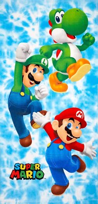 Super Mario Beach Towel Measures 28 x 58 inches.