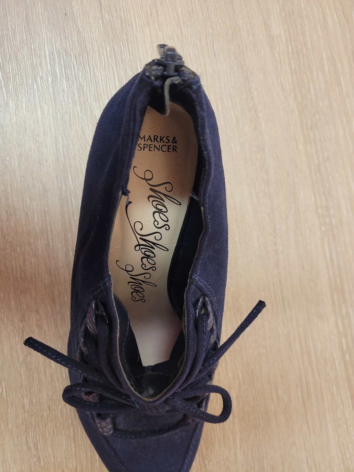 M&S Ankle Shoes UK 4 Navy Suede Lace Detail Back Zip Pre-Owned image 4