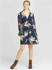 Xhilaration Womens Floral Print L/S V-Neck Tie Front Mini Dress, Teal Small