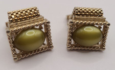 Vintage Swank Gold Tone Mesh Green Oval Stone Cuff Links