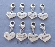 Heart Family Clip On Charm Silver tone Lobster Clasp fits Link Chain C106