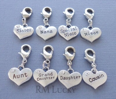 Heart Family Clip On Charm Silver tone Lobster Clasp fits Link Chain C106