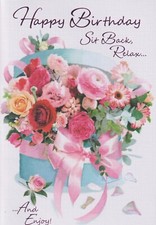 OPEN FEMALE HAPPY BIRTHDAY GREETING CARD 7"X5" FLOWERS IN HAT BOX