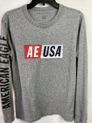 American Eagle Women's Small Top T-Shirt Logo Gray Long Sleeve USA Tee Shirt