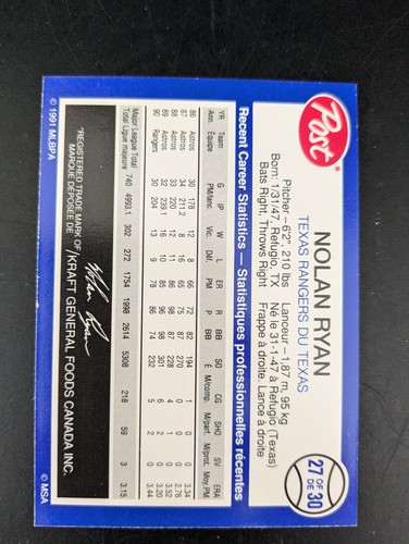 1991 POST CANADIAN SUPER STAR SERIES NOLAN RYAN - Picture 2 of 2