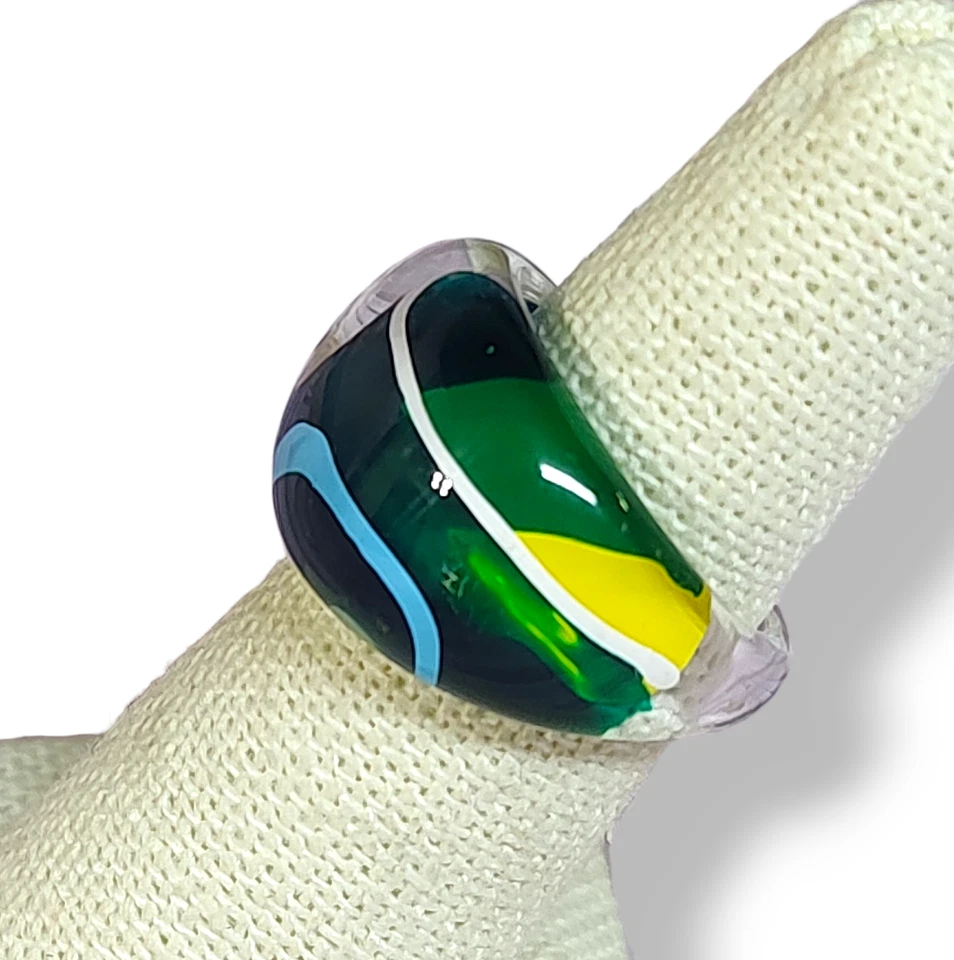 Anillo Cúpula Estilo Vintage Resina Lucite Arte Moderno Verde Azul Talla 6 Retro Foto 2 de 4