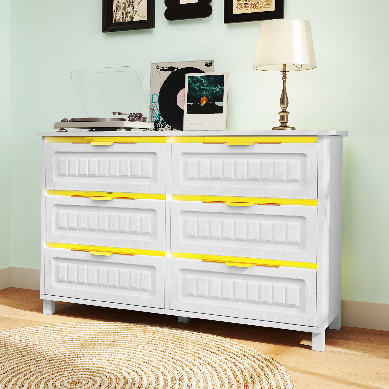 Chest of 6 Wood Drawers Dresser White Bedroom Cabinet LED Lights & Charging Dock