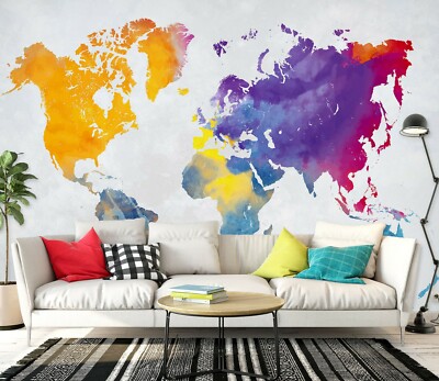 3D Yellow Blue Purple 111NA World Map Wall Paper Wall Print Decal Mural Fay
