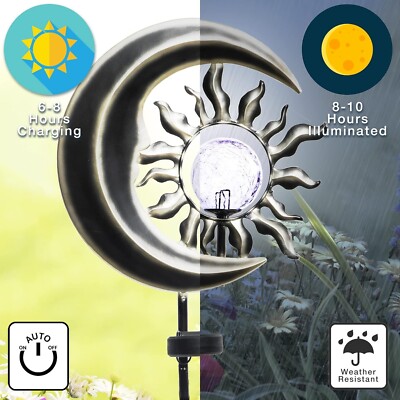 Solar Sun & Moon 42'' Outdoor Garden Yard Decor - Weatherproof Dusk til Dawn 8hr