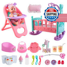 deAO 12  Baby Doll Play Set: Crib, Mobile, High Chair  Feeding Accessories