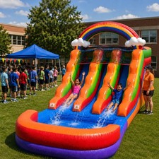 Inflatable Water Slide with Blower 12 ft Commercial Dual Lane Rainbow Kids Pool