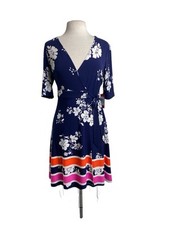 Vince Camuto wrap dress navy blue w/ white floral pink orange stripe size 8