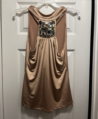 Cache Womens Medium Champagne Satin Sleeveless Tank Top Jeweled Blouse