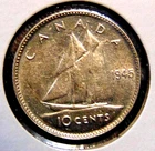 Canada 1945 TEN CENTS silver dime coin King George VI EF