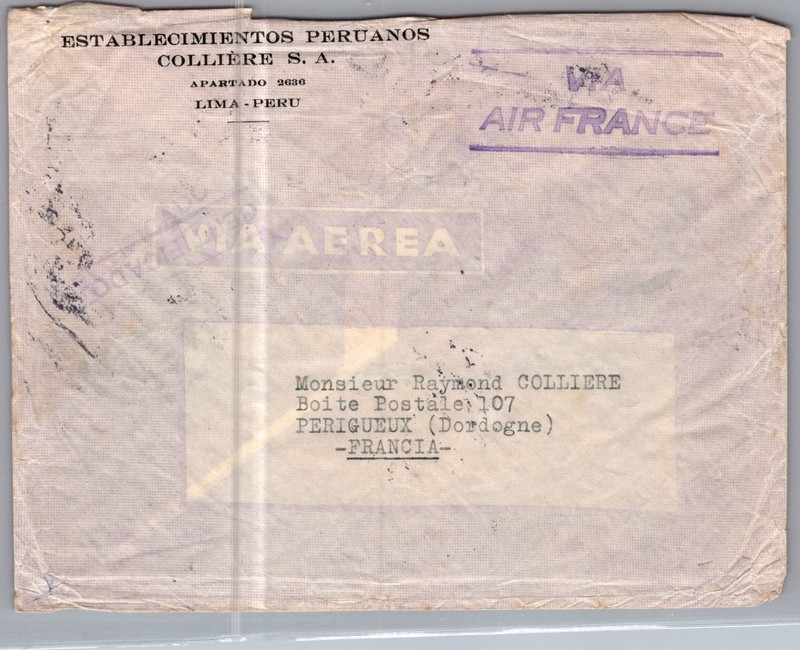 1940 Lima Peru Via Air France airmail Multi Stamps Cover To Perigueux France