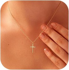 14K Gold Cross Necklace Chain for Women Dainty Minimalist Simple Cross Pendant