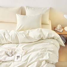 - Striped Comforter Set, Ticking Stripe Vertical Queen Yellow Beige White