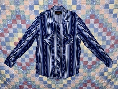 Rock & Roll Denim Tribal Aztec Shirt Men's size L Pearl Button 97% Cotton Blue