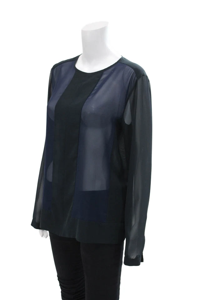 J Brand Womens Sheer Two-Toned Long Sleeve Pullover Blouse Top Navy Size M - Image 2 of 4