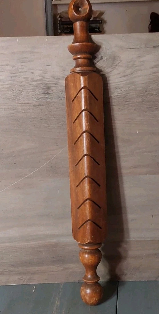 Vintage Wooden 7 Slot Rolling Pin Recipe Card Holder Wall Hanging 18" Farm House
