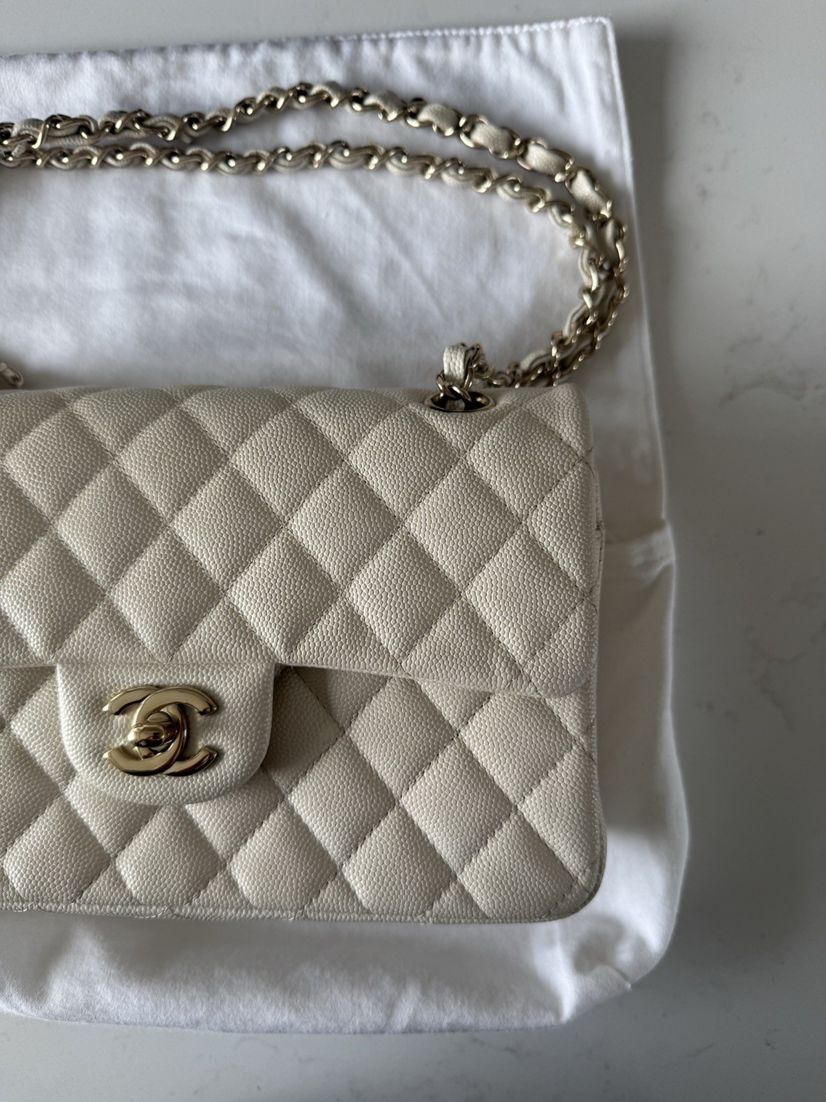 Chanel White Quilted Caviar Leather Medium Classic Double Flap Bag image 7
