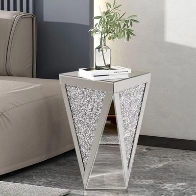 22''H Silver Mirrored End Table，Small Mirrored for Living Room, Bedroom