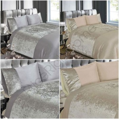 CRUSHED VELVET DUVET COVER SET BEDDING - SILVER & NATURAL - DOUBLE & KING SIZE