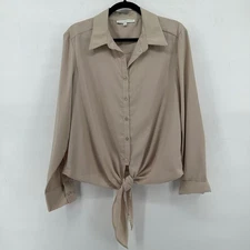PRESTON & YORK Tan Long Sleeve Button Up Tie Front Blouse Shirt Women's Size L