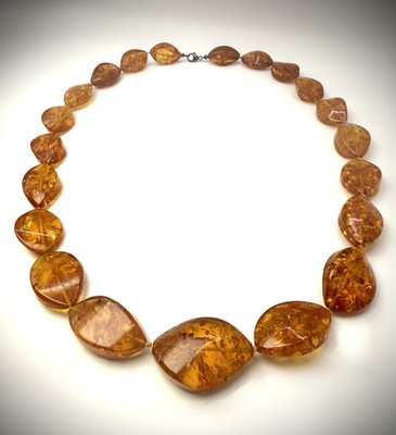 XXL Vintage Natur Bernstein Halskette Navette-Perlen Lindenblüten Collier 85 Gr.