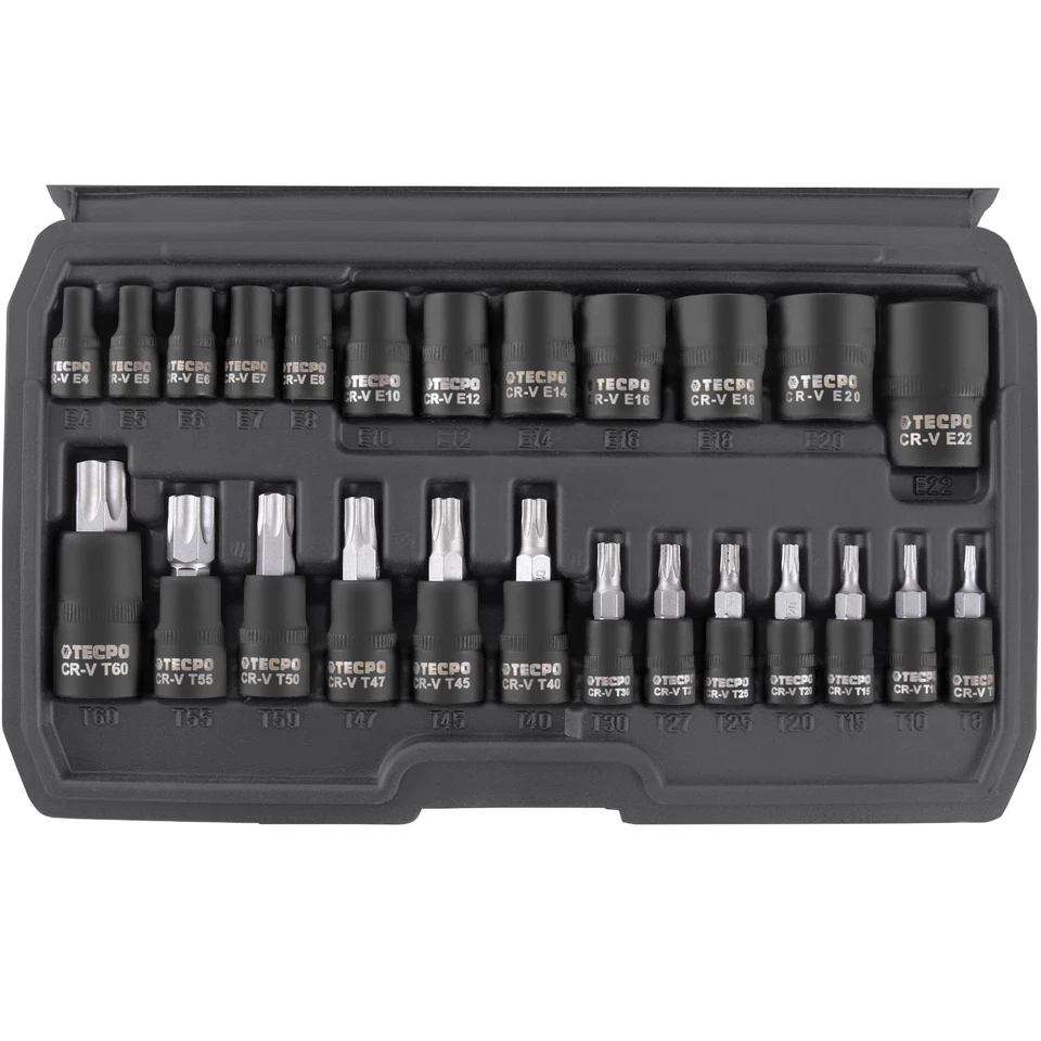 TECPO STECKSCHLÜSSEL SATZ TORX NÜSSE T8-T60 + E4-E22 25-TEILIG 1/4 3/8 1/2 ZOLL - Bild 3 von 4