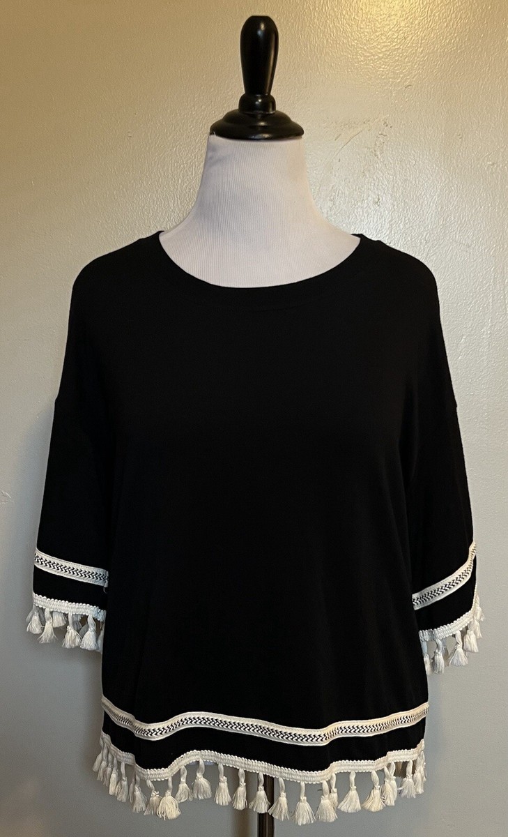 Harlowe Graham Top Size Large Black Cream Tassel Trim Kimono