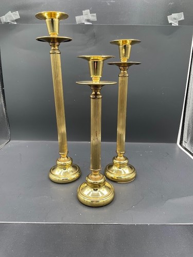 Set of 3 Graduated Brass Column Candlestick Holders Weighted Felt Bottom - Picture 6 of 12