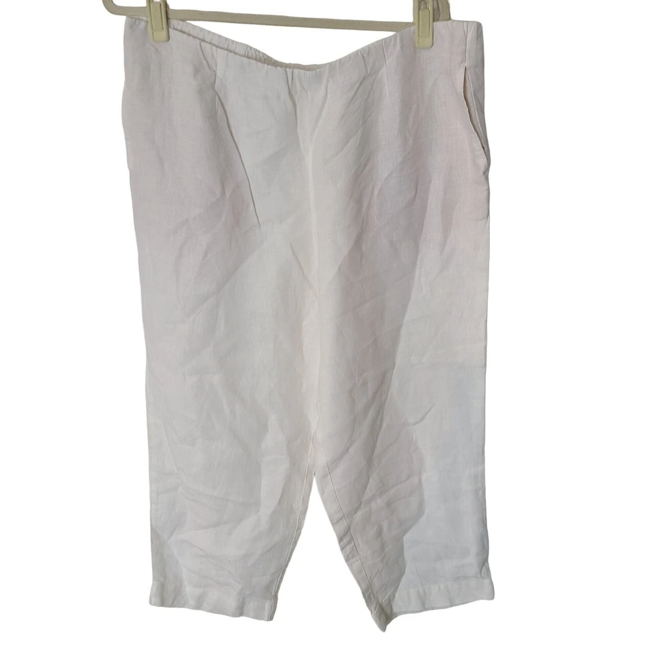 J. Jill Womens L White Straight Leg Pull On High Rise Linen Capri Cropped Pants