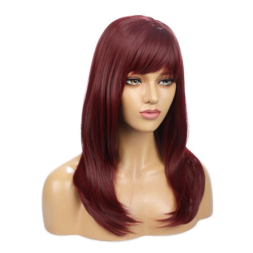 Heat Resistant Fiber Full Bangs Synthetic Hair Wig Natural Fashion Long Wine Red - Picture 2 of 9