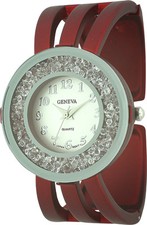 NEW-GENEVA METALLIC MATTE RED BRACELET,CUFF,BANGLE+FLOATING CRYSTALS WATCH
