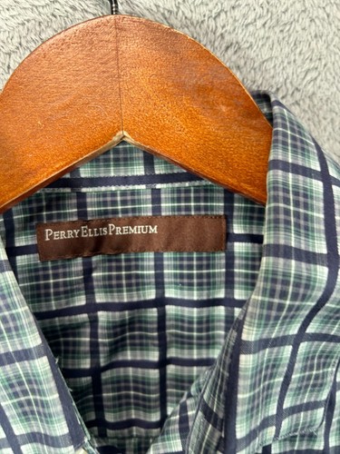 Perry Ellis Mens Medium Plaid Shirt Button Up Long Sleeve Navy Blue Green Cotton - Picture 8 of 12