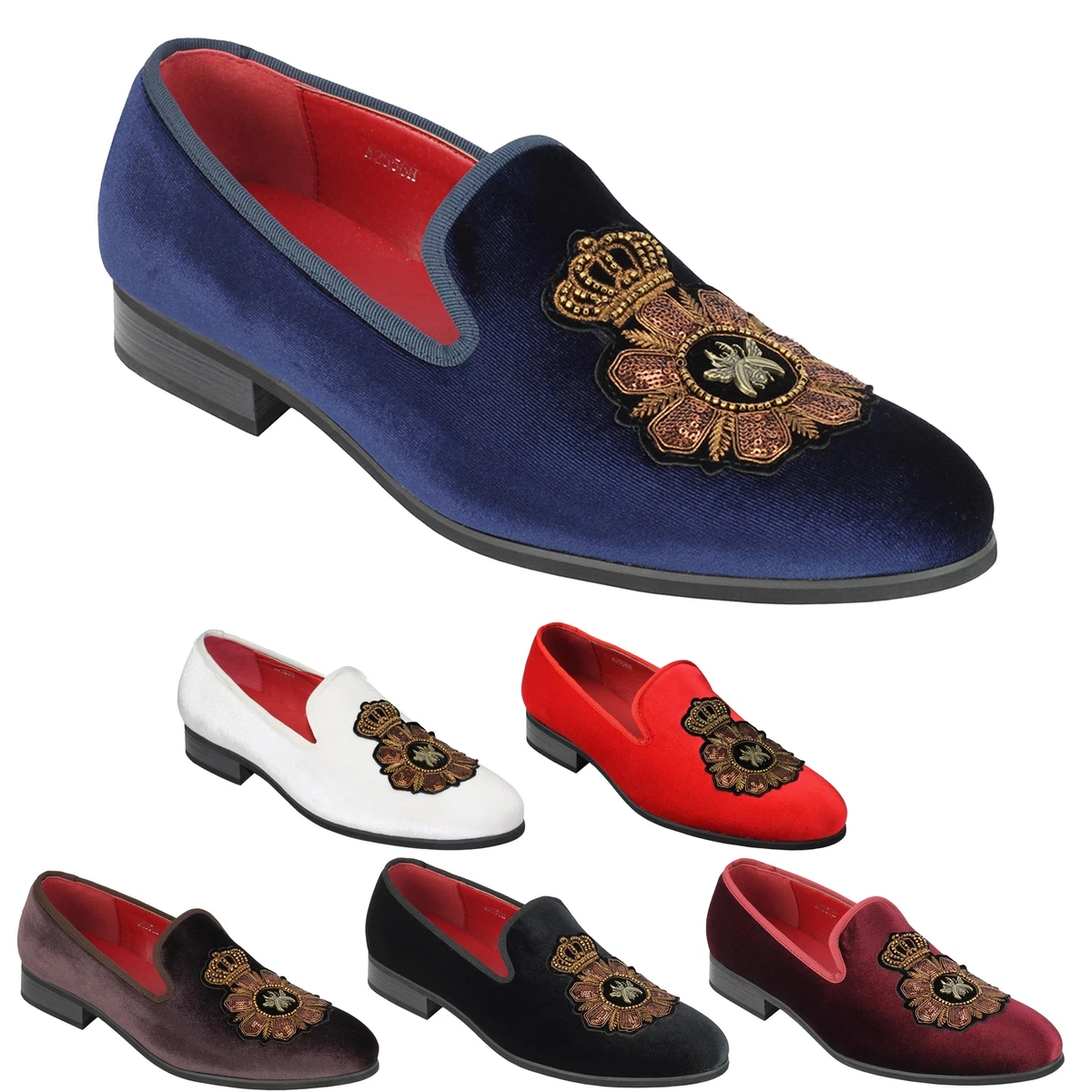 Mens Velvet Loafer Bee Crown Embroidery Smart Party Dress Shoes Slip on Slippers