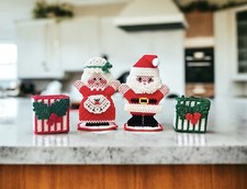 Vintage Christmas Santa  Mrs. Santa Claus Needlepoint Standing Figures Presents