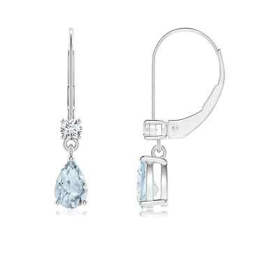 ANGARA 0.74 Ctw Pear Aquamarine Leverback Drop Earrings with Diamond in 14K Gold