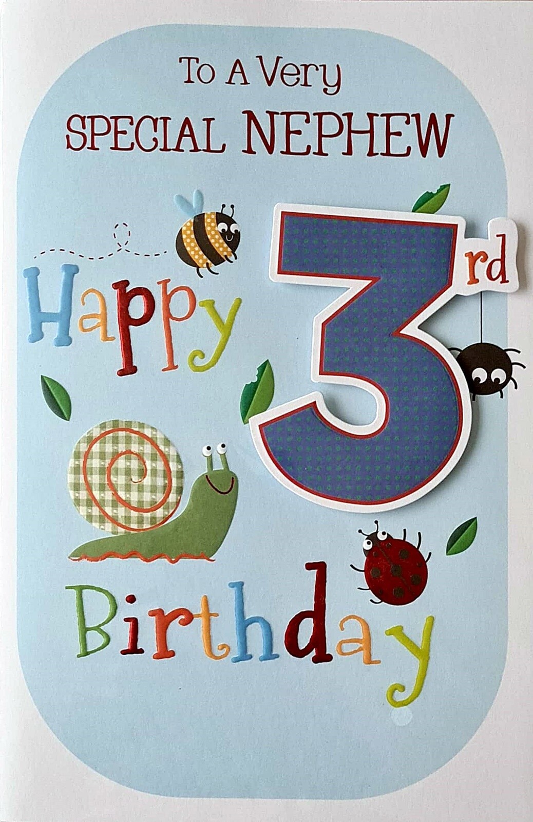 Happy 3rd Birthday Card to a very Special Nephew Spider Snail Bee Ladybug Bugs