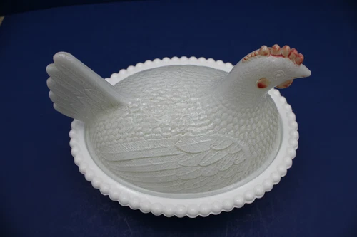 Vintage Milk Glass Hobnail Glossy Finish Hen Nesting Candy Dish 7" x 5 1/4"
